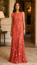 Coral sleeveless sequin embellished maxi evening dress front view