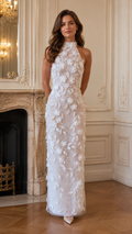 Front view of white 3D floral halter neck maxi evening dress