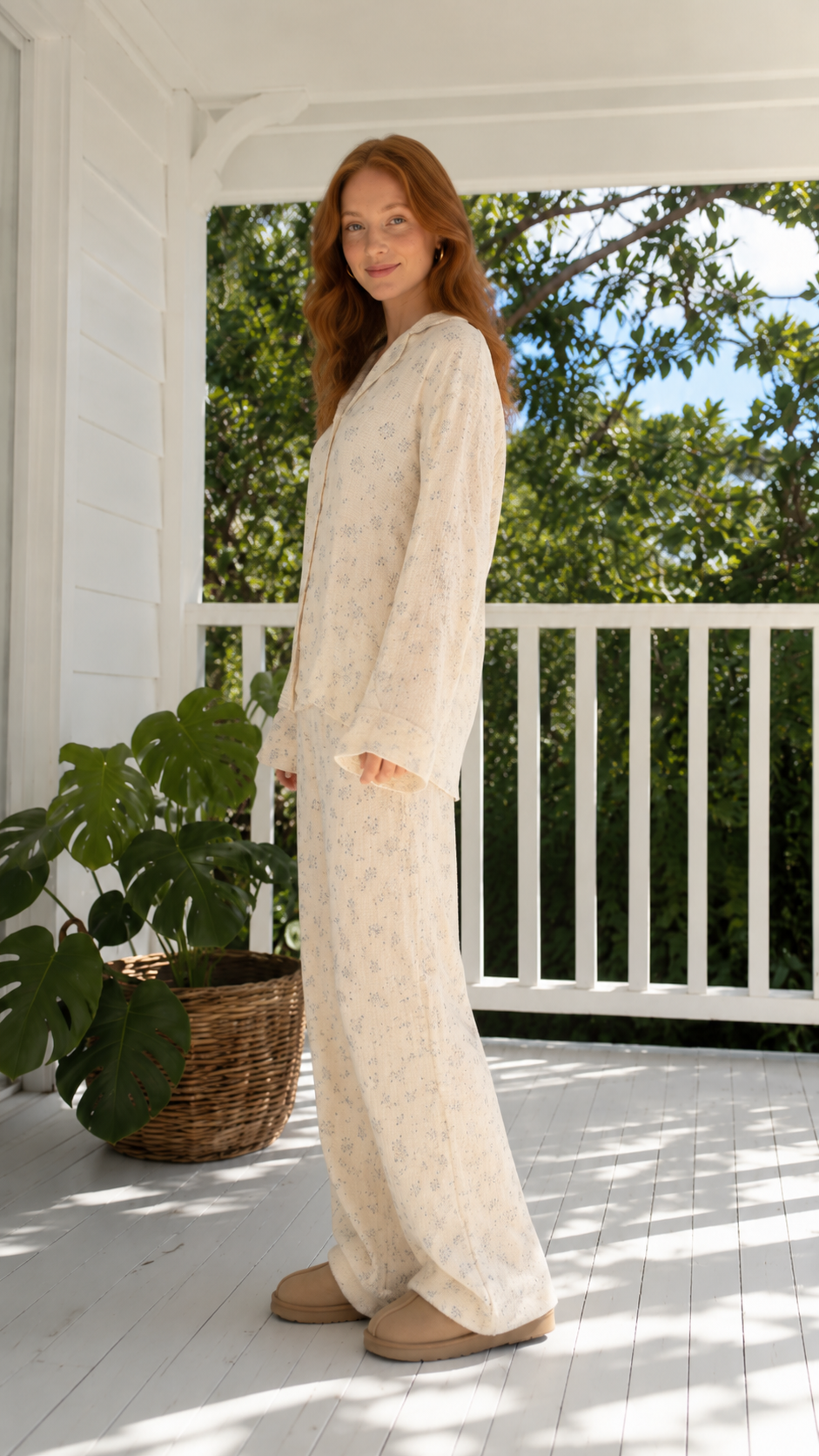 Side view of cream floral lounge set with soft drape and long sleeves