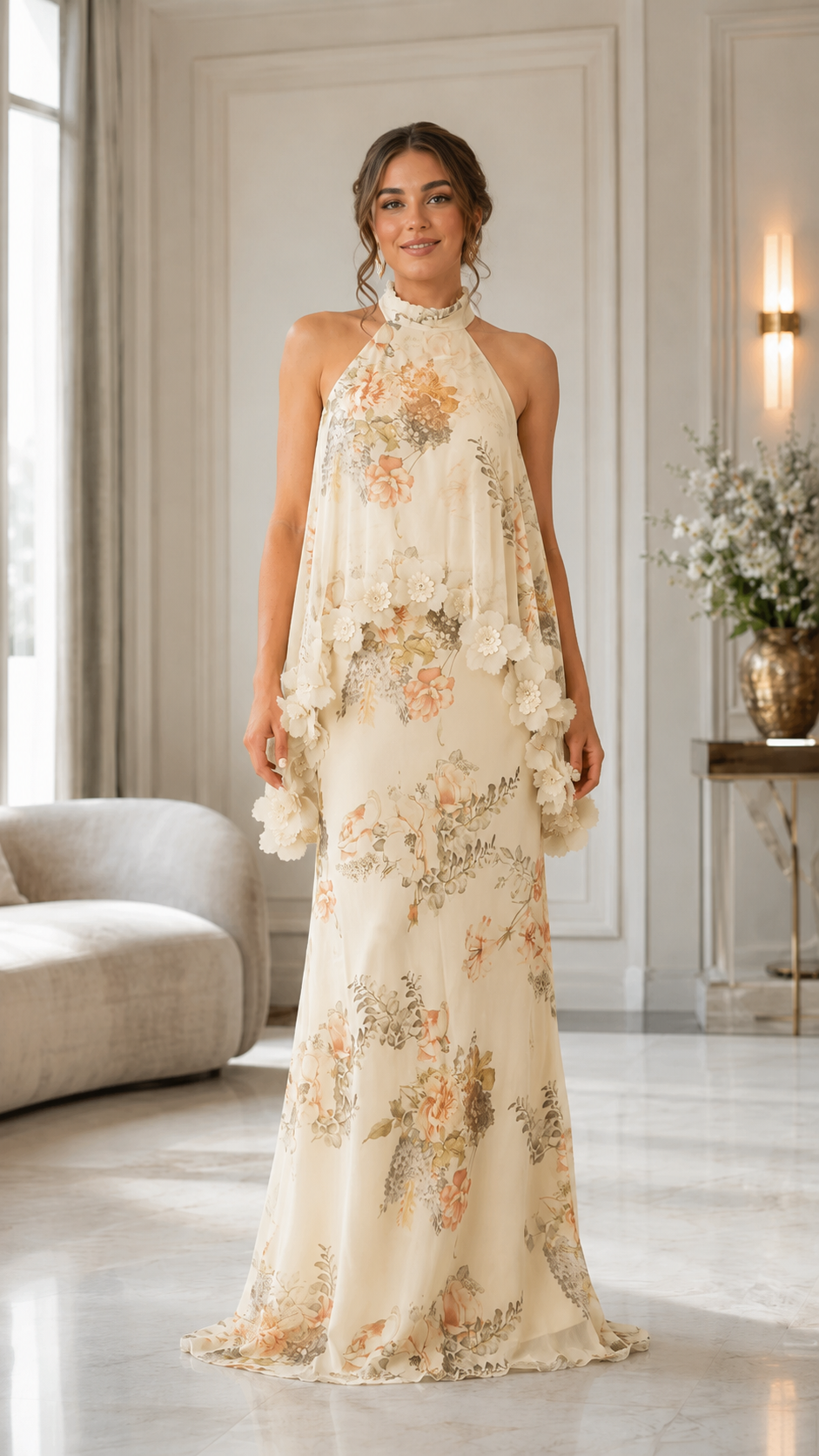 Front view of cream floral halter maxi dress with floral print and dimensional flower accents