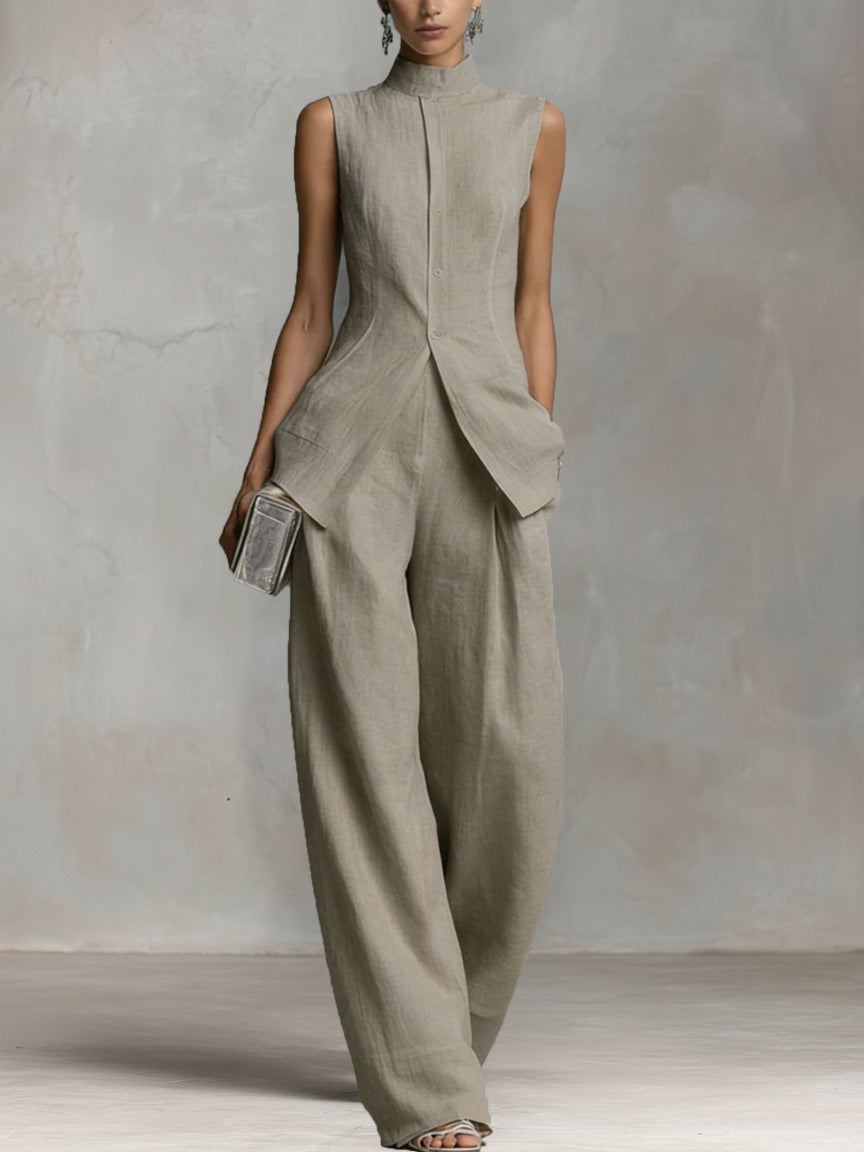 Sleeveless High-Neck Wide-Leg Two-Piece Set