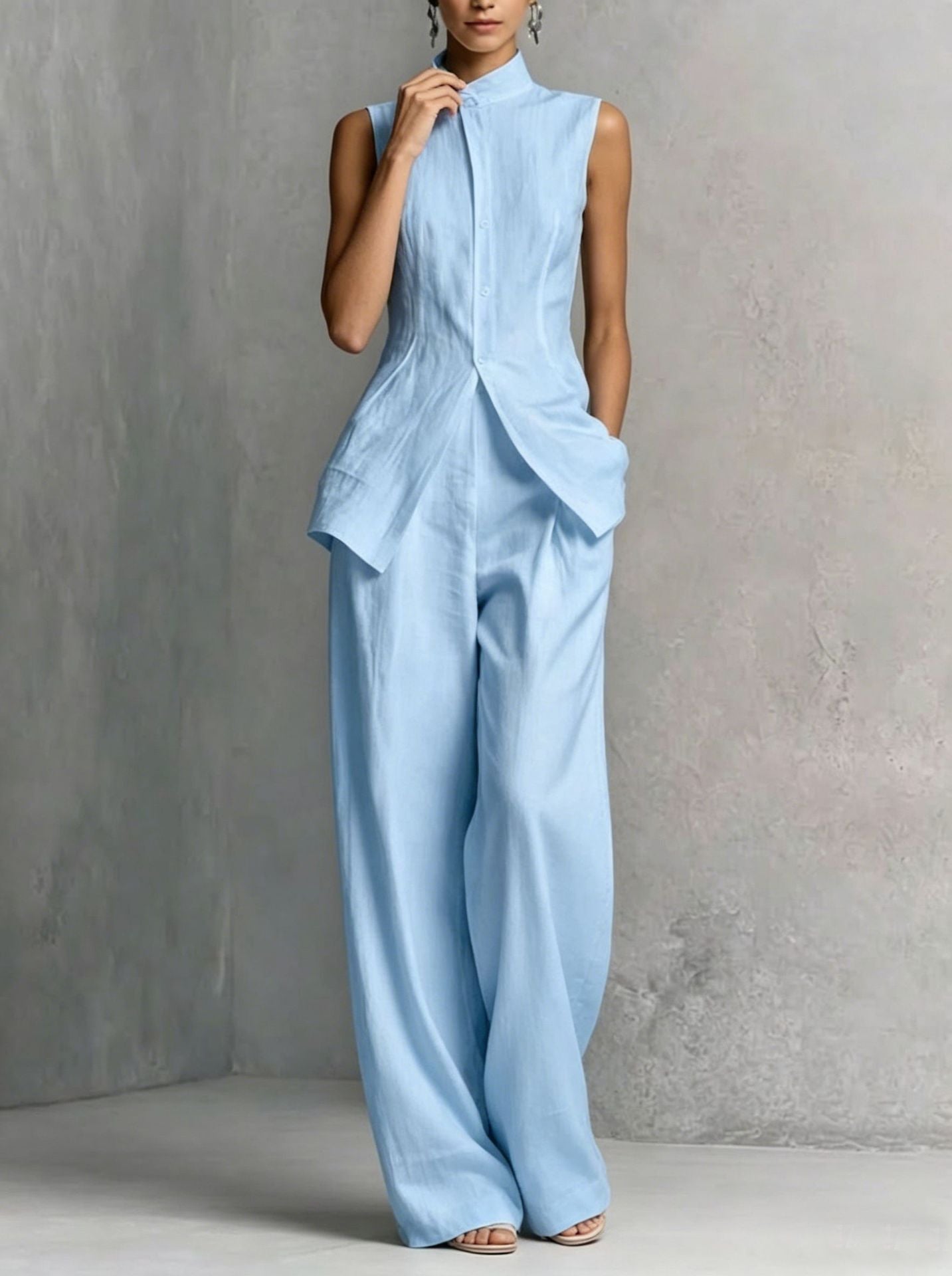 Sleeveless High-Neck Wide-Leg Two-Piece Set