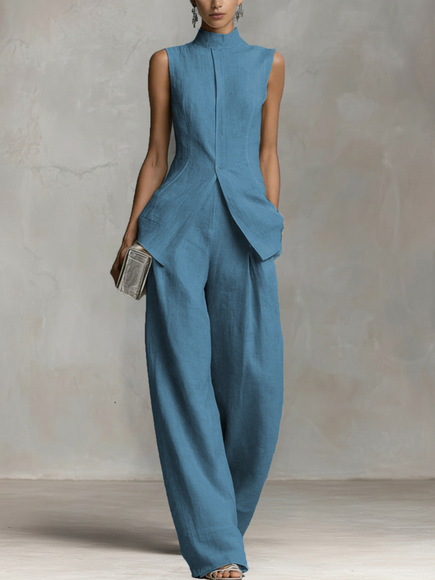 Sleeveless High-Neck Wide-Leg Two-Piece Set