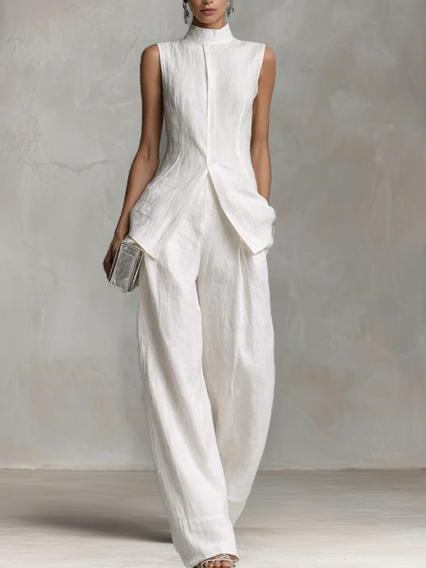 Sleeveless High-Neck Wide-Leg Two-Piece Set