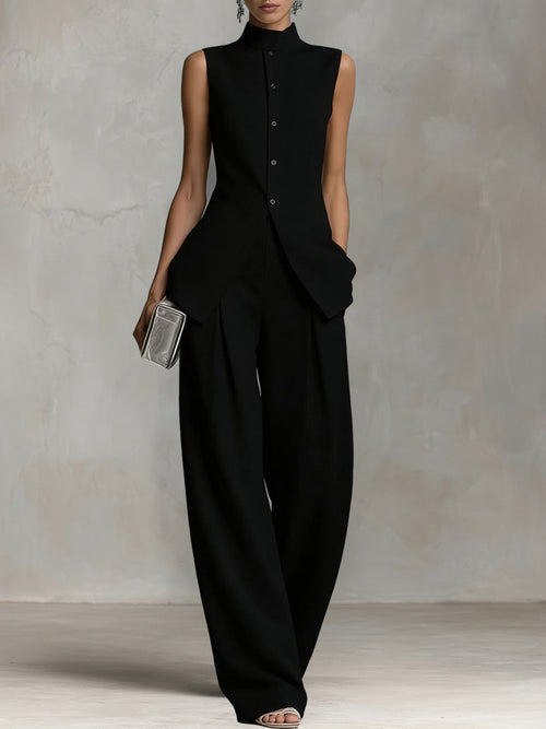 Sleeveless High-Neck Wide-Leg Two-Piece Set